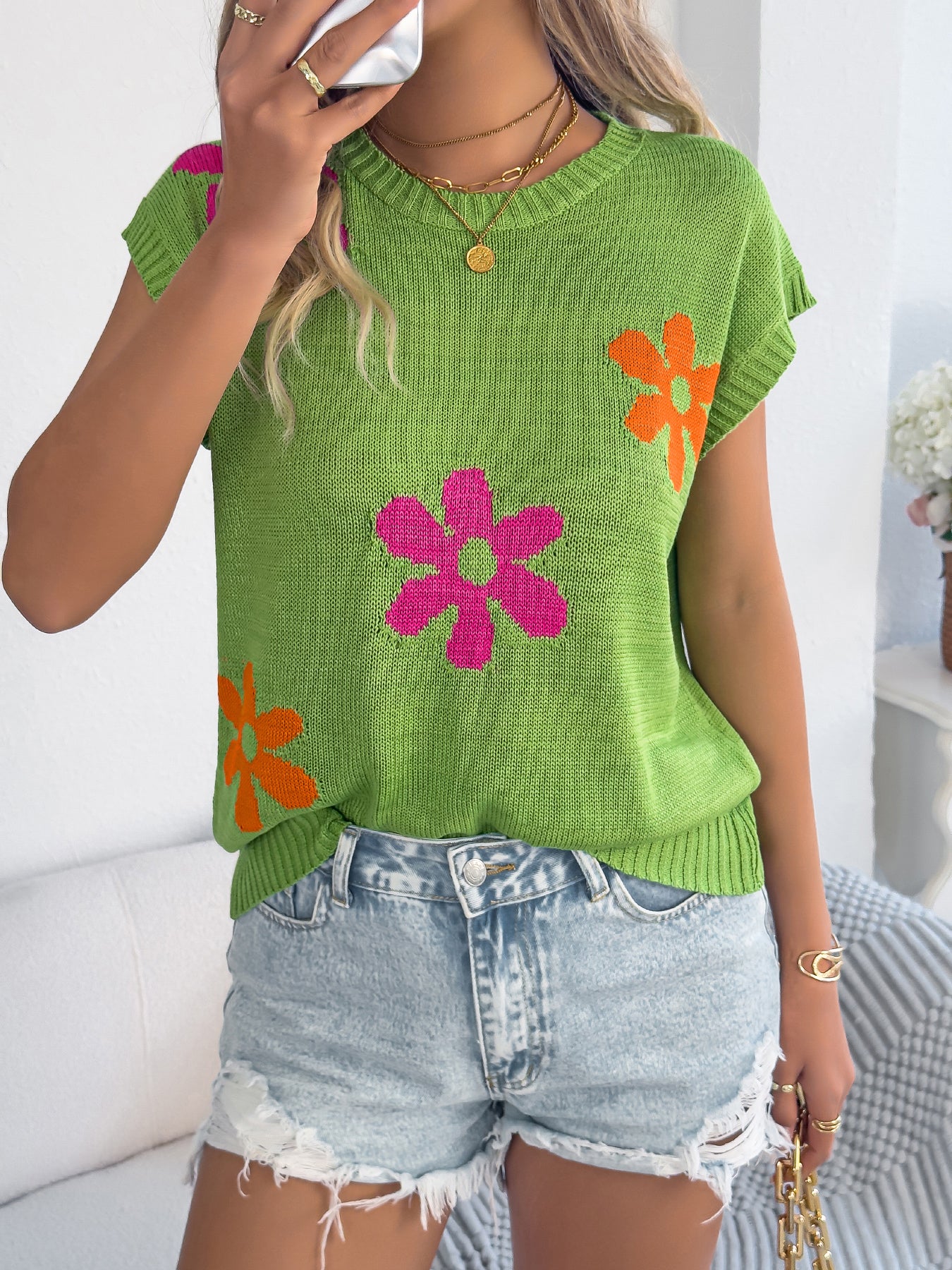 Women  Floral Casual Batwing Sleeve Loose Knit Vacation Top