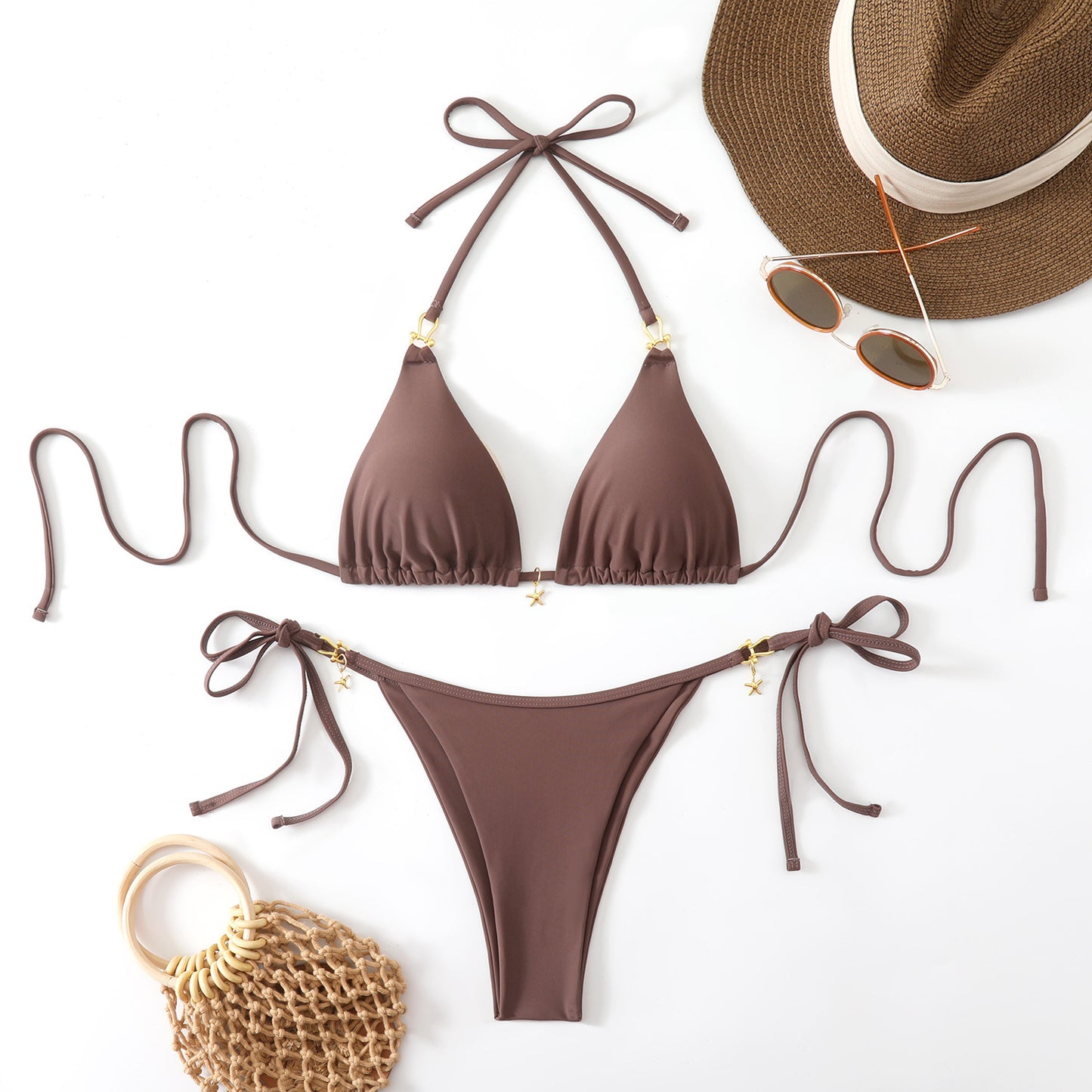 Women's Two-Piece Bikini Swimwear Set – Halterneck Top with Open Back, Stylish Beachwear