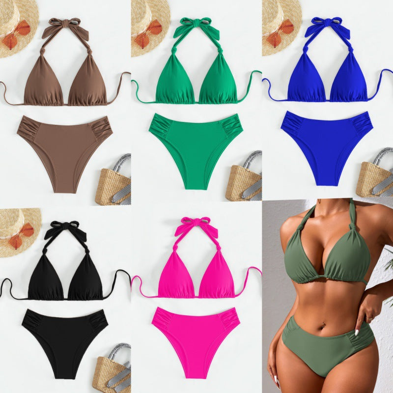 Solid Color Triangle Halter Bikini Swimsuit For Women