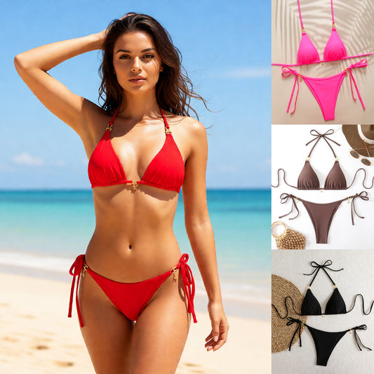 Women's Two-Piece Bikini Swimwear Set – Halterneck Top with Open Back, Stylish Beachwear