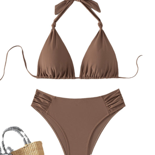 Solid Color Triangle Halter Bikini Swimsuit For Women