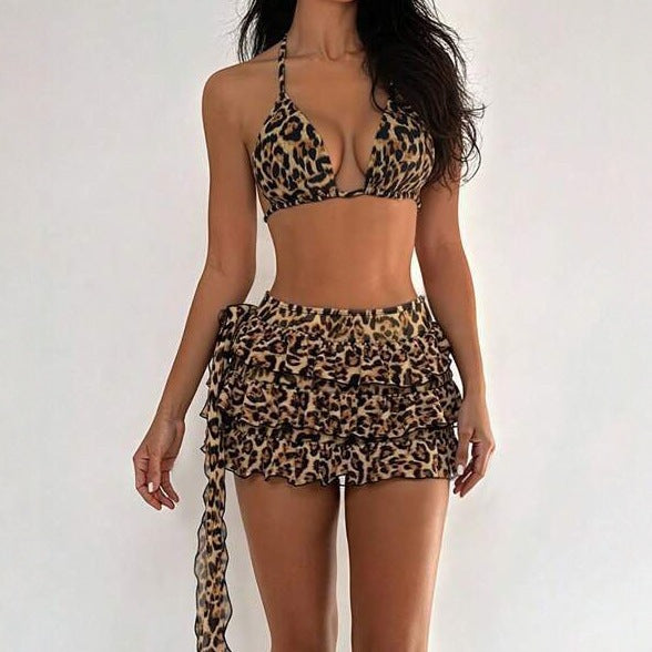 Three-piece Bikini Swimwear Set – Lace-up Top, Pleated Skirt & Two-piece Swimsuit – Stylish Beachwear