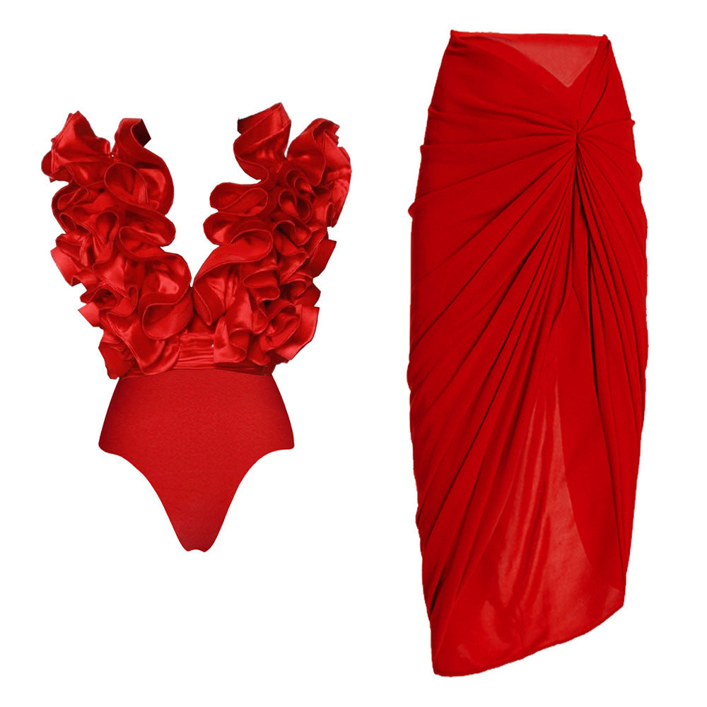 Womens Lace Trim V-Neck Asymmetrical Skirt Swimsuit Set