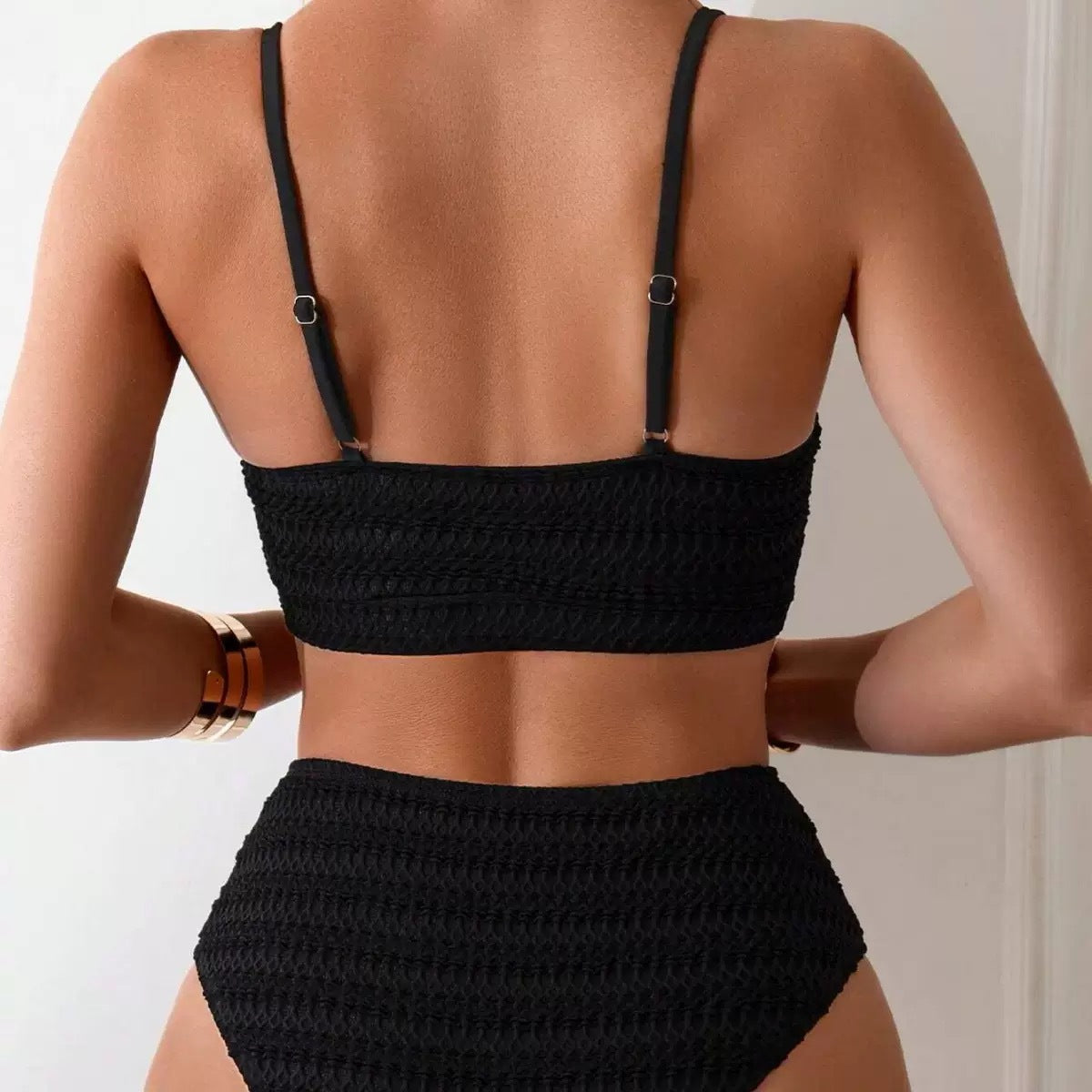 Womens Solid-Color Nylon Jacquard Two-Piece Beach Swimsuit