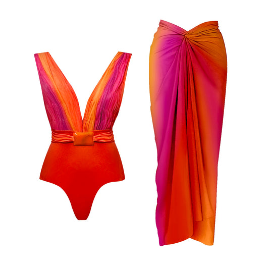 2Piece Deep V Swimsuit With Long Skirt Women Sexy Swimwear Female Bikini Shiny Button Biquini Swim Suit Print Bodysuit Beachwear