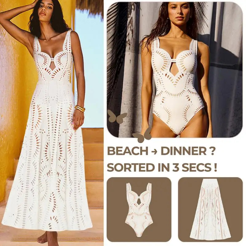 Women Swimsuit And Skirts Summer White Hollow Out One Piece Swimwear Femme Sexy Deep V Neck Beachwear Sets