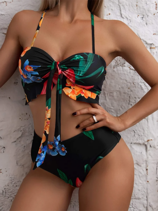 Floral 3 Piece Bikini Set with Wrap Skirt – Resort Beachwear