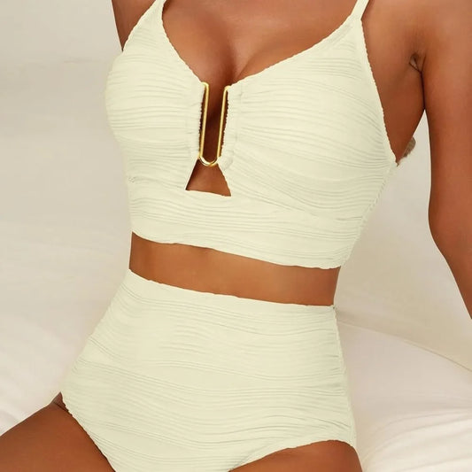 Solid Color Women's Fashionable Elegant Split Style Hollow Personality Swimsuit Chest Cushion No Steel Support Bikini