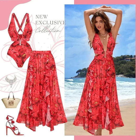 Floral Print Two Piece Swimsuit Set Blooming Red Flower Vacation One Piece Set Swimwear Bathing Suit Bikini Resort Holiday Wear