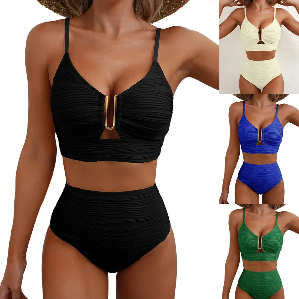 Solid Color Women's Fashionable Elegant Split Style Hollow Personality Swimsuit Chest Cushion No Steel Support Bikini