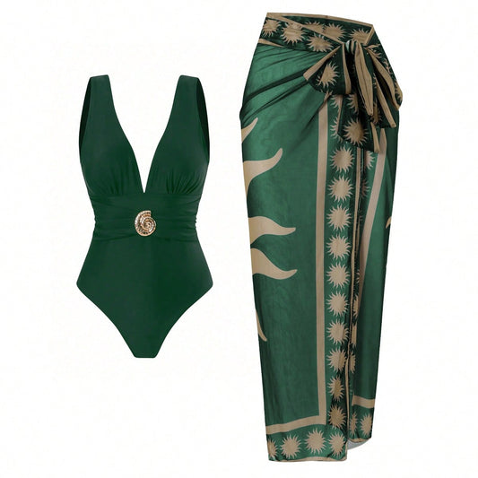 One-piece Deep-V Swimsuit With Printed Beach Dress Set