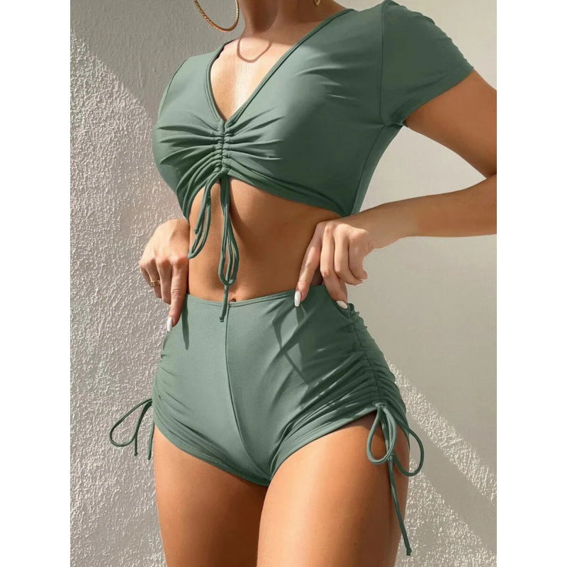 Women’s Solid Color Sexy Short Sleeve Swimsuit – Sleek, Stylish Swimwear for Summer