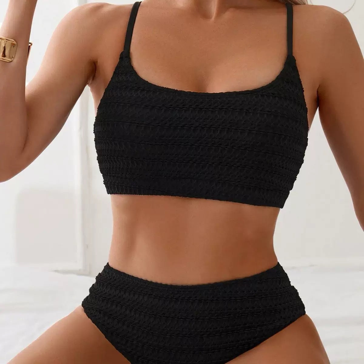 Womens Solid-Color Nylon Jacquard Two-Piece Beach Swimsuit