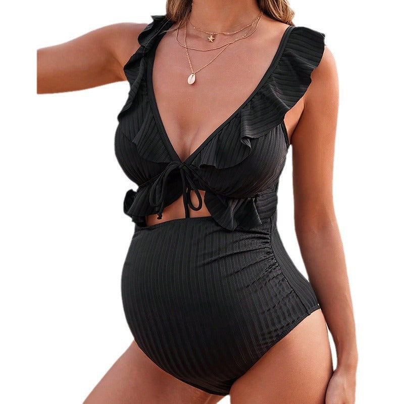 Solid-color Tummy-supporting Modest One-piece Swimsuit For MATERNITY SWIMWEAR